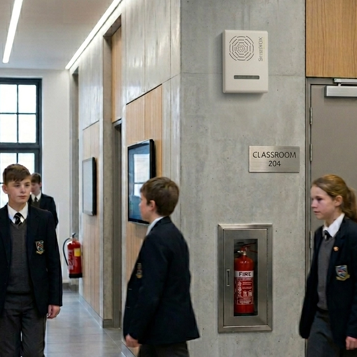 Smartvox wireless security siren installed in a school hallway for emergency lockdown alerts and Martyn's Law compliance.