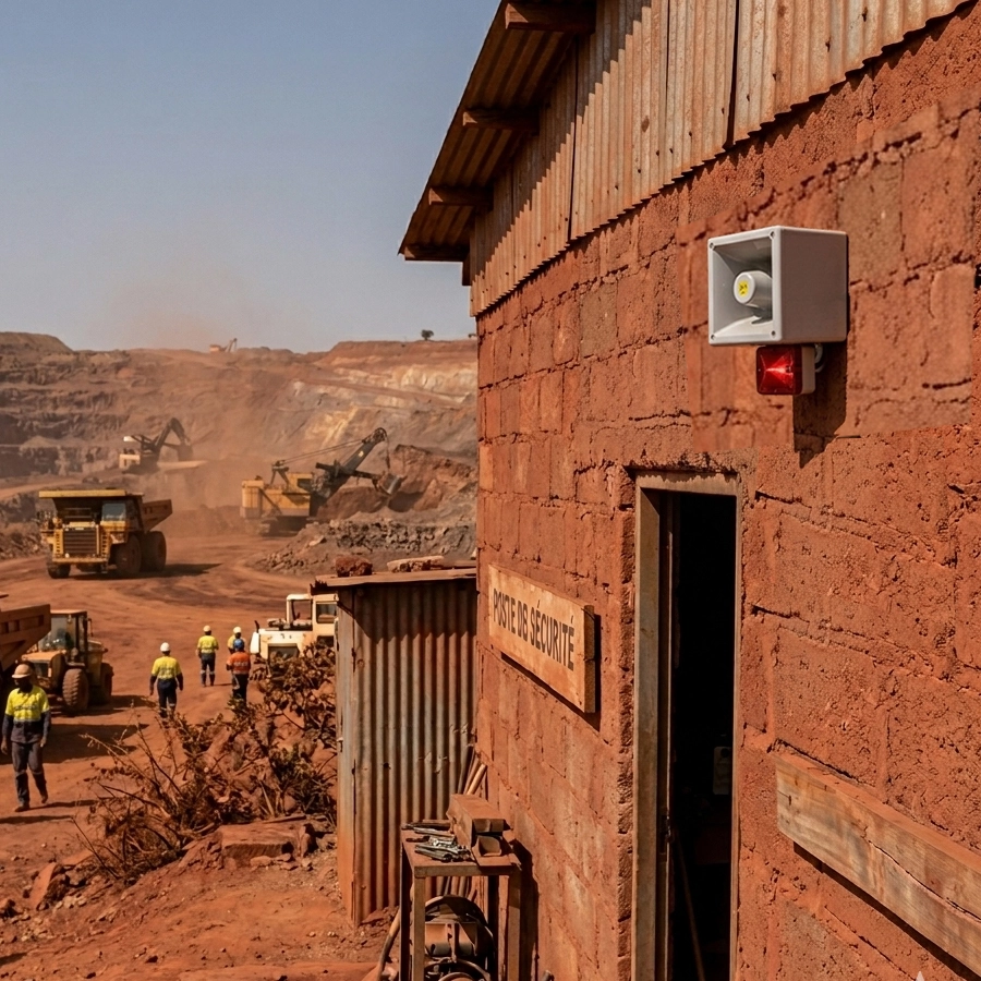 SmartVOX® industrial siren installed on-site at a gold mine for emergency broadcasting and security alerts.