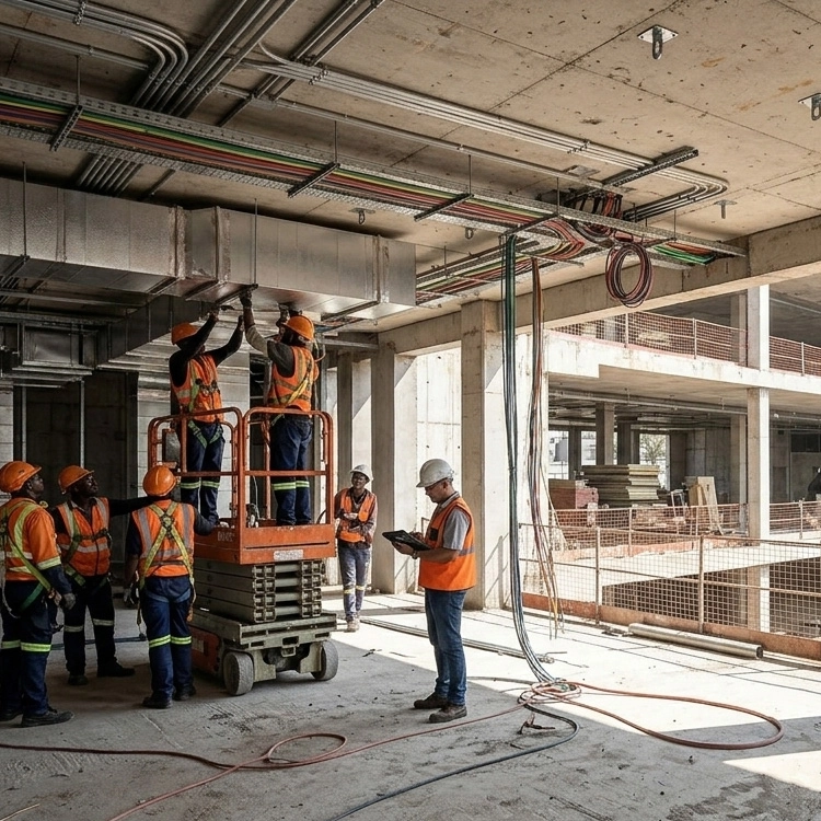 Construction workers working on a building site, with the building partially completed and steel beams and concrete visible.